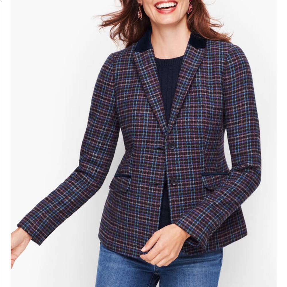 Talbots Navy Plaid Wool Blend Blazer with Blue & Burgundy Check
